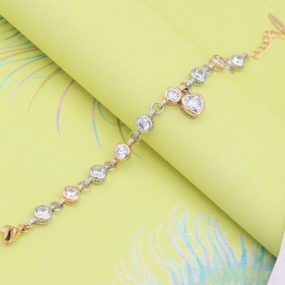 "Heart Charm Rose Gold+Silver Bracelet with Sparkling Crystals, XPBL0797 - Picture 7 of 12